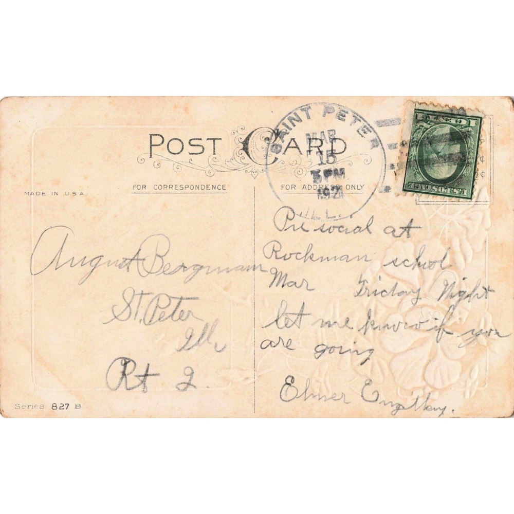 Vintage 1921 A Glad Greeting Postcard Red Flowers Waterfall St Peter Illinois - Picture 2 of 2